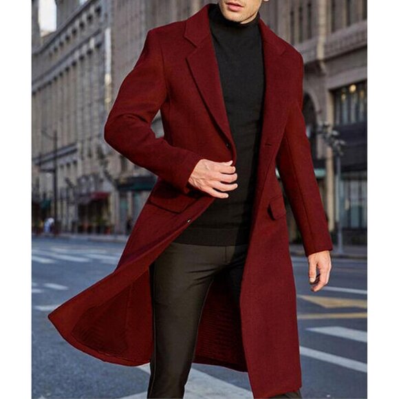 ✨Men Red Casual Trench Coat Slim Fit Notched Collar Long Jacket Pea Overcoat - Picture 5 of 6